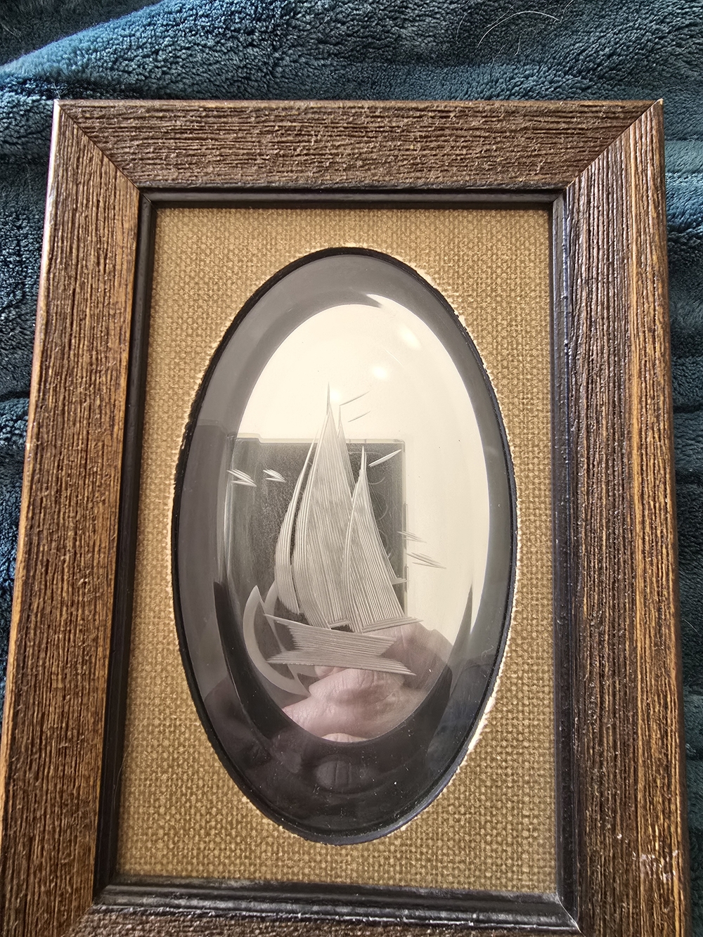 Vintage Walnut Wood Frame Etched Glass Sailboat Wall Accent in Brown